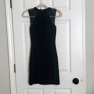French Connection Black Velour Sheath Dress with Lace Detail Size 4 US